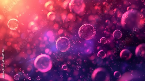 Numerous bubbles are floating in the air against a background with fluid and blood cells