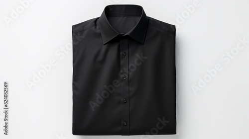 A black shirt is folded in half and placed on a white background