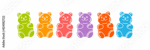 Color Gummy Bear Candy Set. Vector Jelly Sour Marmalade Snack Poster. Cartoon Fruit Animal Candy Illustration. Isolated Rainbow Gummy Bears.