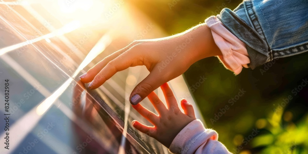 Φωτογραφία A Symbolic Image of an Adult and Childs Hand Connecting Over Solar Panels, Repre