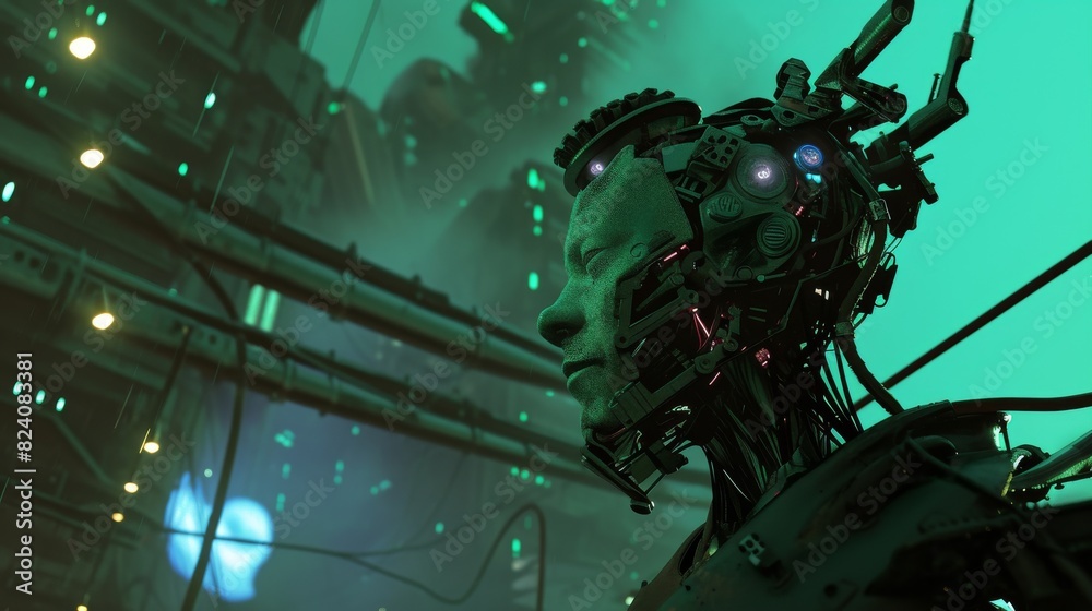 A cybernetic human-like head enhanced with advanced technology stands in a green-lit futuristic laboratory, encapsulating the merge of humanity with machines.