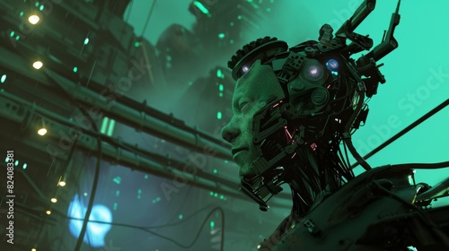 A cybernetic human-like head enhanced with advanced technology stands in a green-lit futuristic laboratory  encapsulating the merge of humanity with machines.