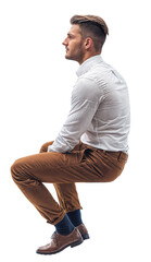 An Isolated sitting handsome young man wearing a white shirt and a salmon red chino trousers, cutout on transparent background, ready for architectural visualisation.	