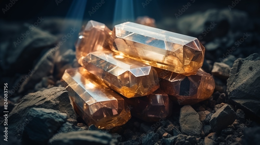 A pile of gold colored gems on a rocky surface A pile of gold colored gems on a rocky surface