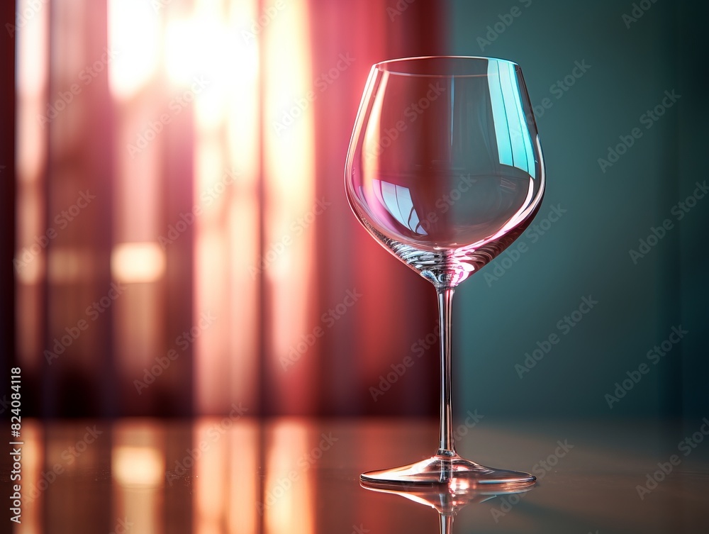A wine glass is sitting on a table with a curtain behind it