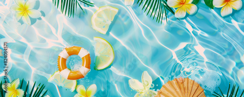 Tropical summer poolside scene with flowers and citrus slices