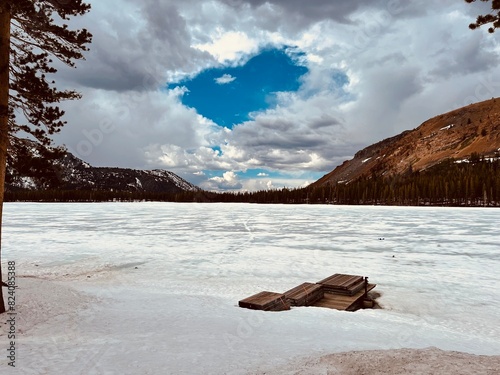 snowy lake and mountains