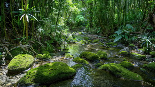 Arafed view of stream in lush bamboo forest suitable for naturethemed designs, environmental concepts, relaxation content, and travel brochures.