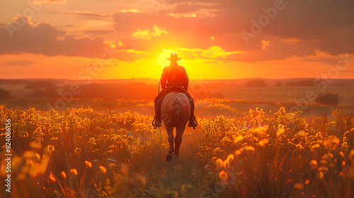 A cowboy riding his horse at sunset