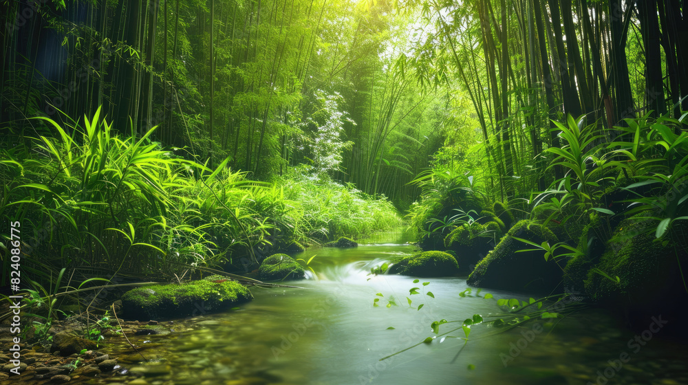 Arafed view of stream in lush bamboo forest suitable for naturethemed designs, environmental concepts, relaxation content, and travel brochures.