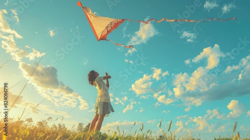 The picture of the person is playing the kite under the bright light from the sun of the clear blue sky that can be conveying the feeling of the happiness, freedom, playful and joyful emotion. AIG43.