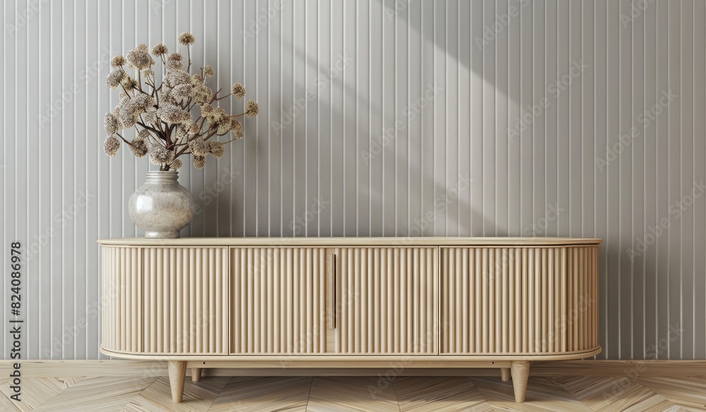 Light gray wallpaper with vertical stripes on the wall, next to it is an elegant wooden sideboard in the style of light oak color Light gray wallpaper with vertical stripes on the wall, next to it is an elegant wooden sideboard in the style of light oak color