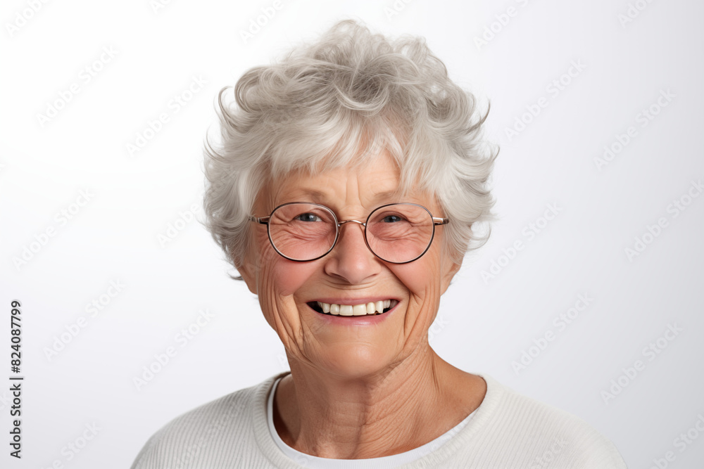 Smiling senior white woman on white background. Topics related to old age. Retirement home. Retirement. Image for Graphic Designer. Senior residence. AI.