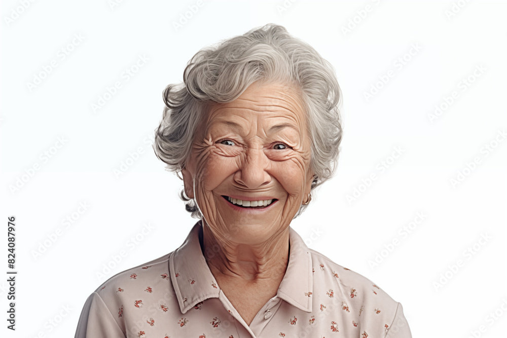 Smiling senior white woman on white background. Topics related to old age. Retirement home. Retirement. Image for Graphic Designer. Senior residence. AI.