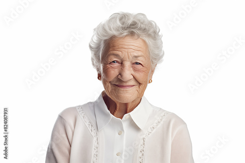 Smiling senior white woman on white background. Topics related to old age. Retirement home. Retirement. Image for Graphic Designer. Senior residence. AI.