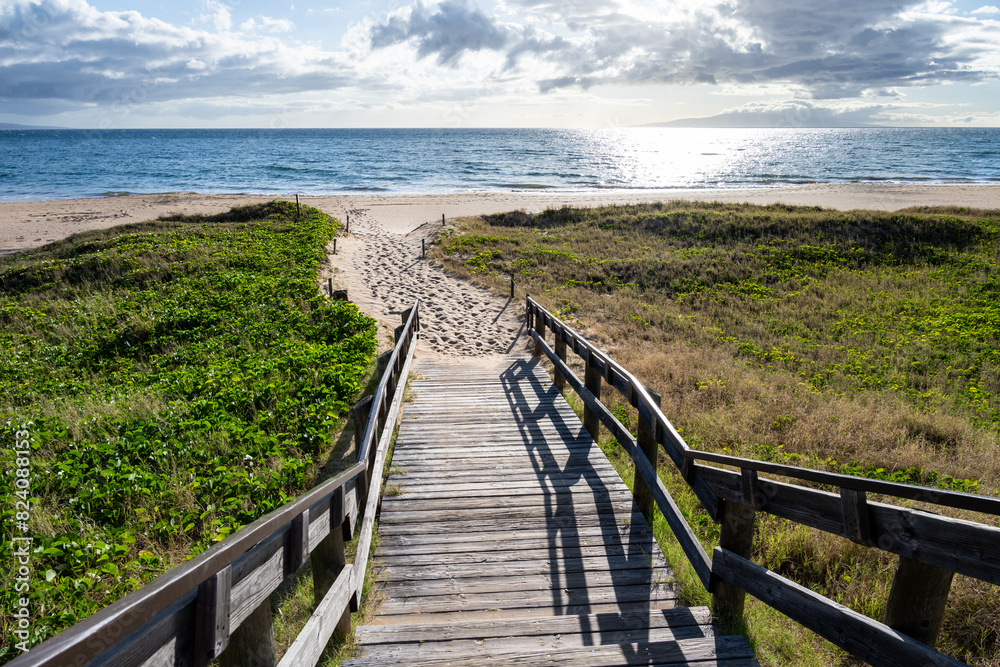 Wooden stairs leading down to a golden sand beach and the Pacific Ocean, green foliage of native vine growing on the dunes, Kamaole Beach Park II, Maui, Hawaii
