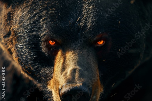 Startling Bear face fiery red eyes. Wild head. Generate Ai