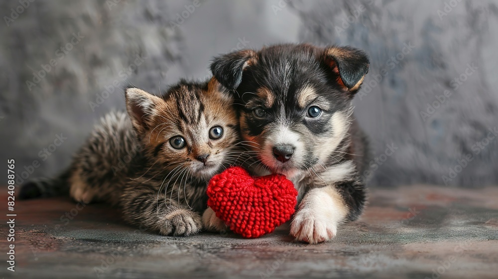A cute kitten and puppy with a paper heart in its paws on a grey background with a copy of the space