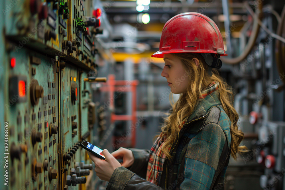 Woman in Hard Hat Working on Control Panel Woman in Hard Hat Working on Control Panel