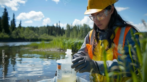 An environmental scientist studies water samples from nearby rivers and lakes to assess the impact of oil sands extraction.
