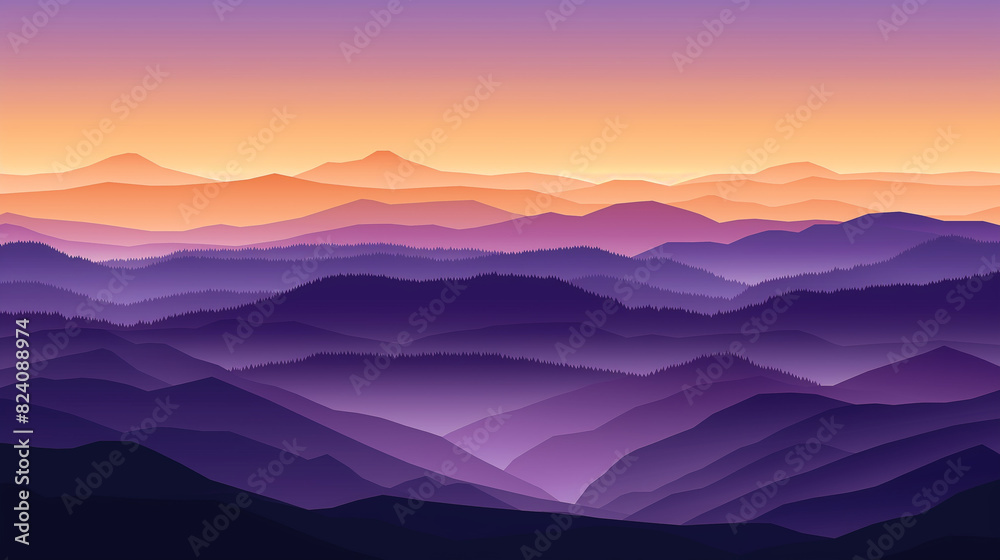 Vibrant Gradient Sunset Over Layered Mountain Silhouettes, Illustrating a Tranquil and Majestic Evening Landscape