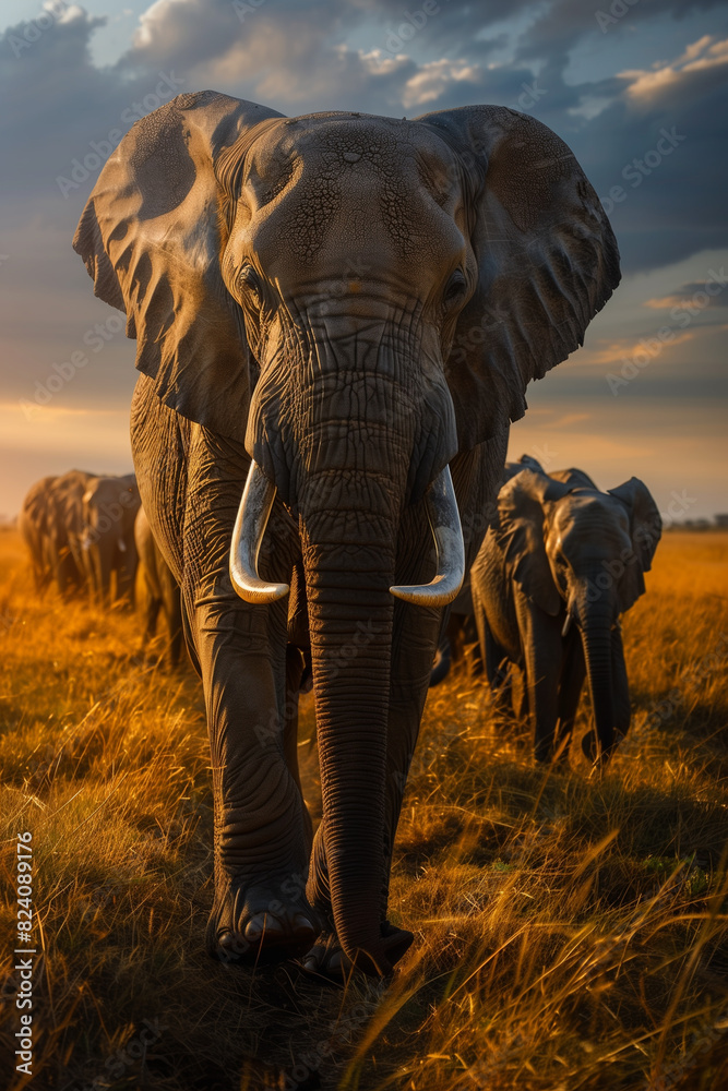 Fototapeta premium Herd of Elephants Walking Across Grass Covered Field
