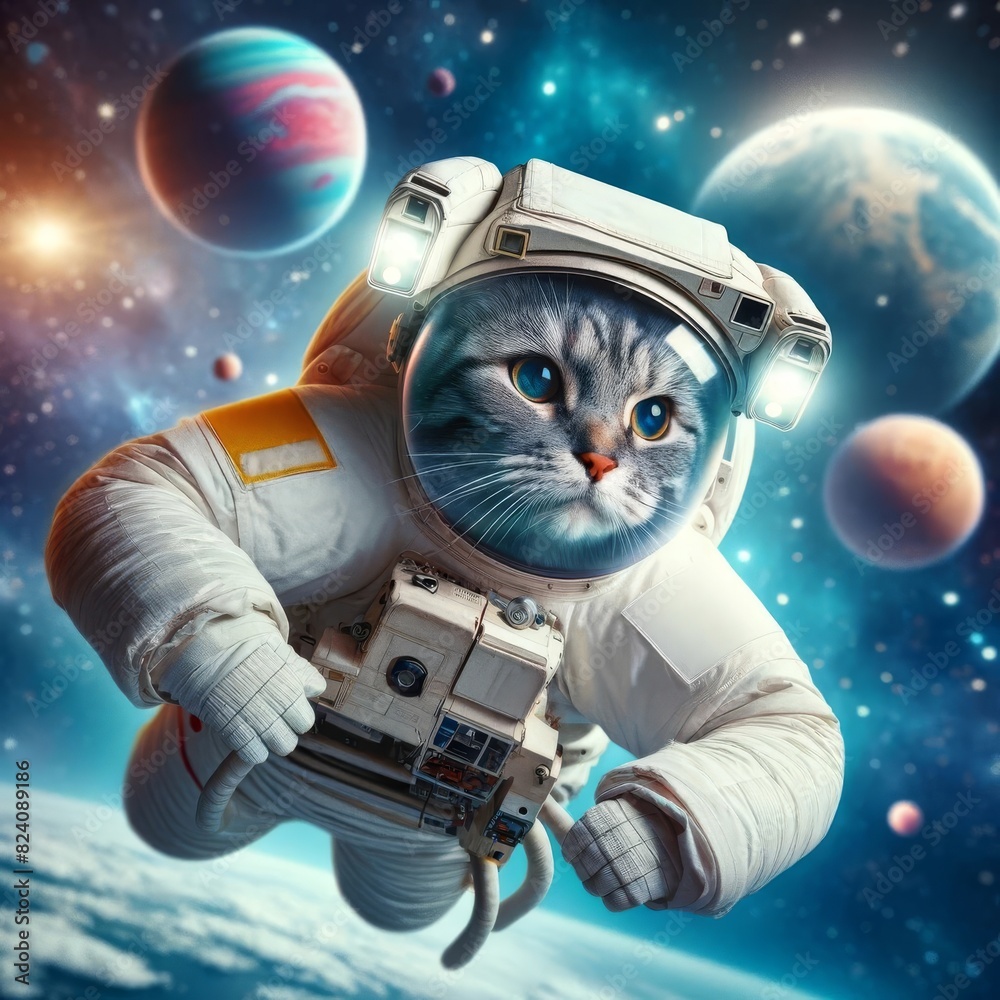 An artistic rendition of a cat in a detailed astronaut suit, soaring through an imaginary expanse of colorful planets and stars. An artistic rendition of a cat in a detailed astronaut suit, soaring through an imaginary expanse of colorful planets and stars.