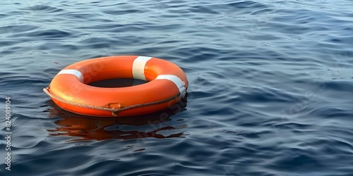 An orange lifebuoy symbolizes safety and hope floating in the open sea. Concept Safety, Hope, Orange lifebuoy, Open sea, Symbolism