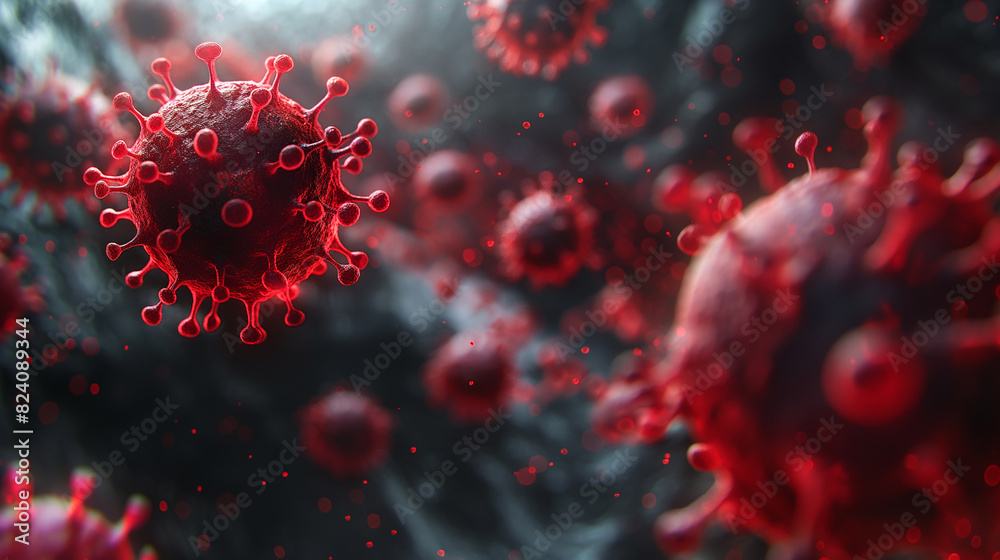 Virus background showing COVID-19 Corona virus cells and red blood cells Virus background showing COVID-19 Corona virus cells and red blood cells