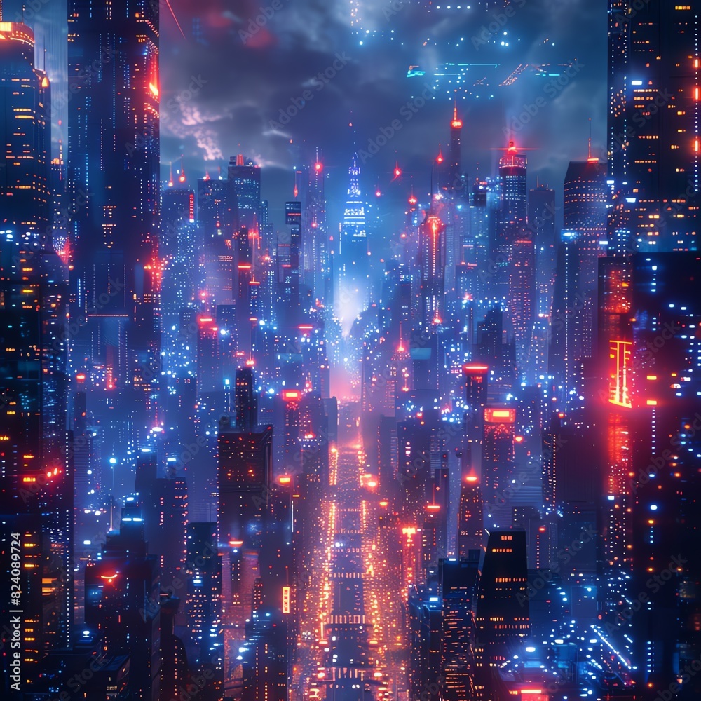 Frontal view of a futuristic city, abstract data patterns weaving through skyscrapers like flowing neon lights, digital CG 3D, photorealistic rendering, high contrast night scene