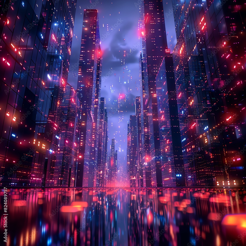 Frontal view of a futuristic city, abstract data patterns weaving through skyscrapers like flowing neon lights, digital CG 3D, photorealistic rendering, high contrast night scene