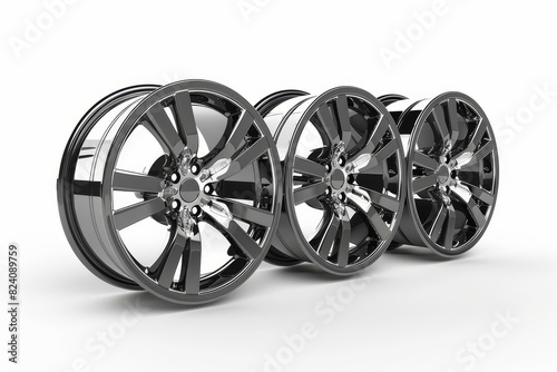 five shiny car wheel rims isolated on white background 3d rendering of automotive parts and accessories © Lucija