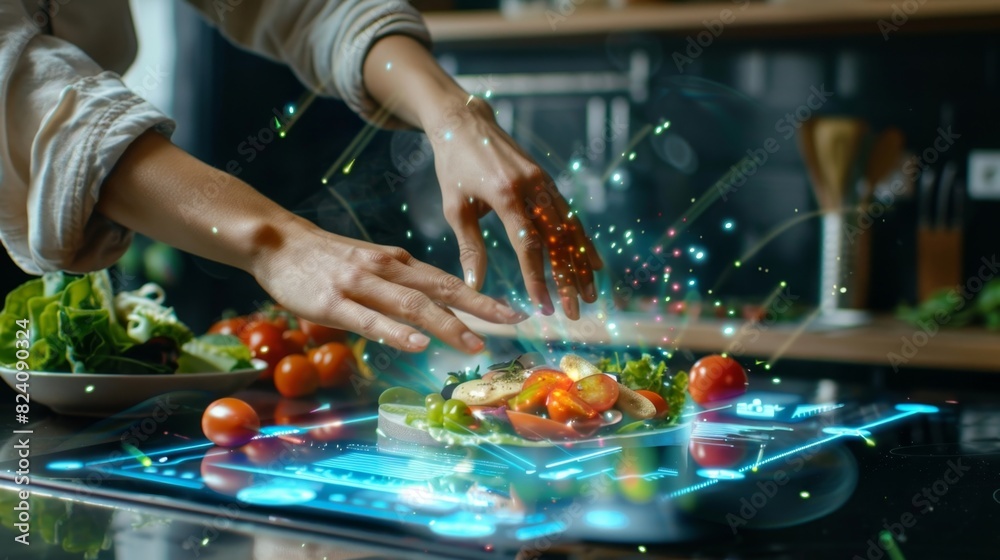 Obraz premium A person cooking in the kitchen referencing the wristbands ability to track nutrition and provide healthy eating recommendations.