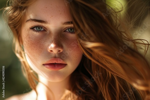 Close-up of a young woman with freckles and flowing hair bathed in warm sunlight