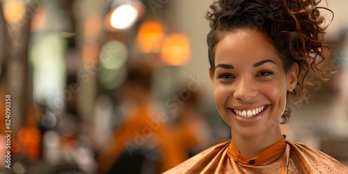 Client smiling at hair salon during haircut. Concept Photography, Hair Salon, Happy Client, Hairstylist, Smiling Portrait