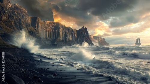 beautiful landscape with mountains and the sea with waves a dark day with mountains and clouds in high resolution and quality