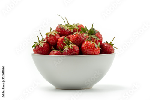 Red fresh strawberry in a white ceramic bowl isolated on white background