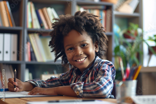 Smiling child studying at home