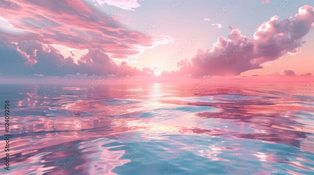 Spectacular abstract image of a scenic calm ocean, sunrise sky reflecting in the water. Sunset and natural. Digital art 3D illustration.