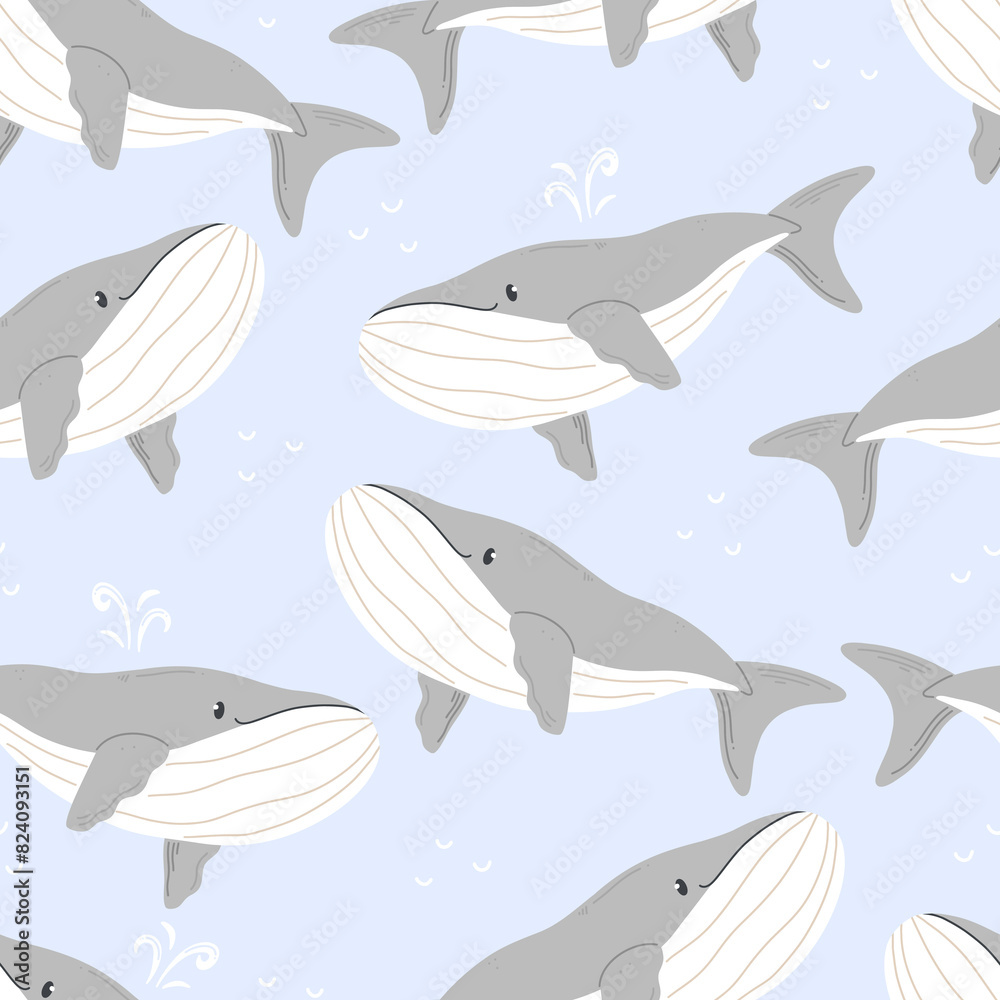Seamless pattern with cute cartoon whales on a blue background. illustration background. Seamless pattern with cute cartoon whales on a blue background. illustration background.