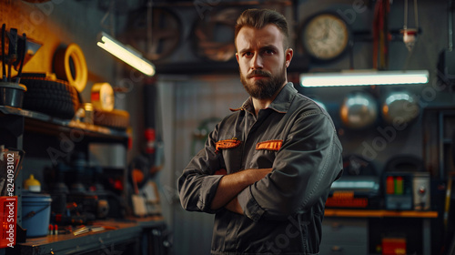 Professional auto mechanic with arms crossed in a well-equipped garage