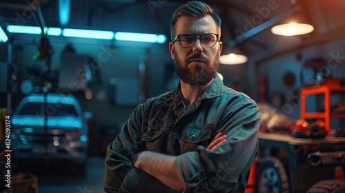 Portrait of a focused mechanic standing confidently in a well-equipped garage