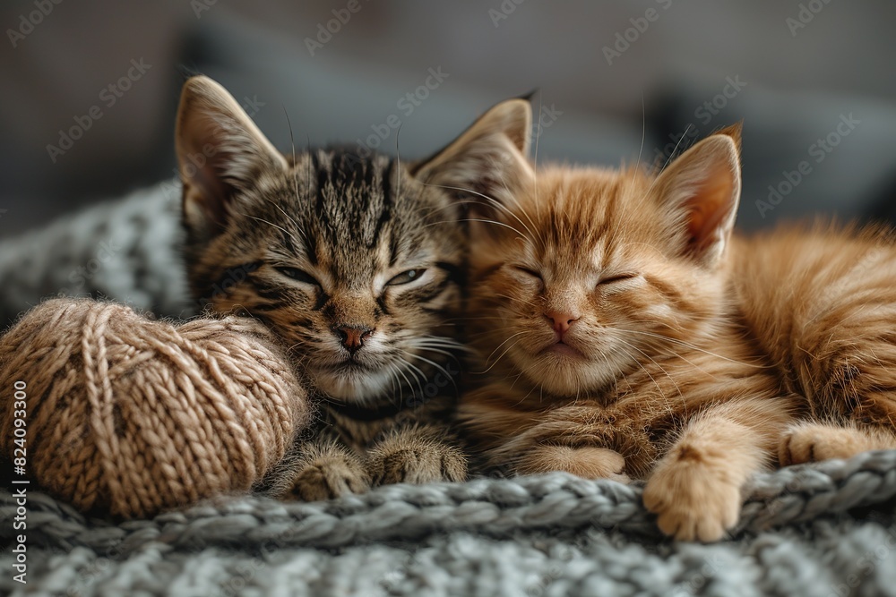 two cute kittens with a paper heart in its paws on a grey background with a copy of the space two cute kittens with a paper heart in its paws on a grey background with a copy of the space