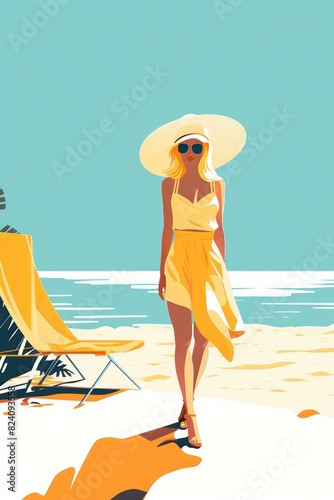 Stylish woman enjoying tropical beach vacation with sunhat and yellow dress on sunny summer day