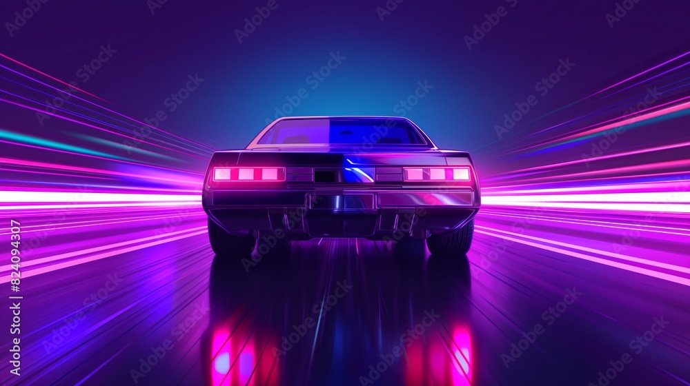 Naklejka premium driving in the night, futuristic synth-wave car in purple neon colours.