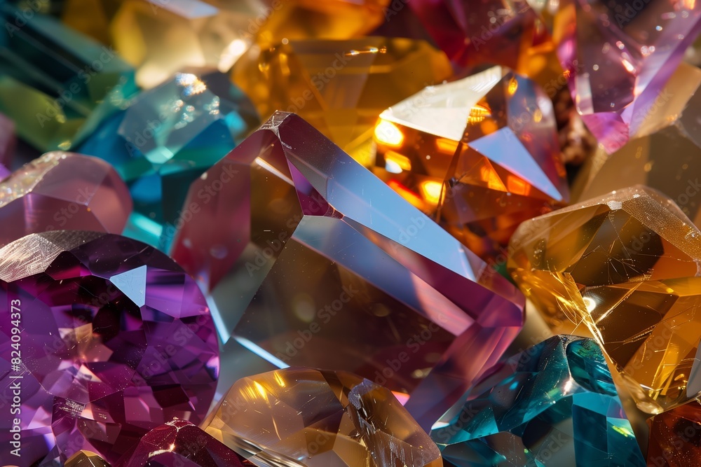 Close view reveals a variety of brightly colored synthetic crystals with intricate facets and reflections Close view reveals a variety of brightly colored synthetic crystals with intricate facets and reflections