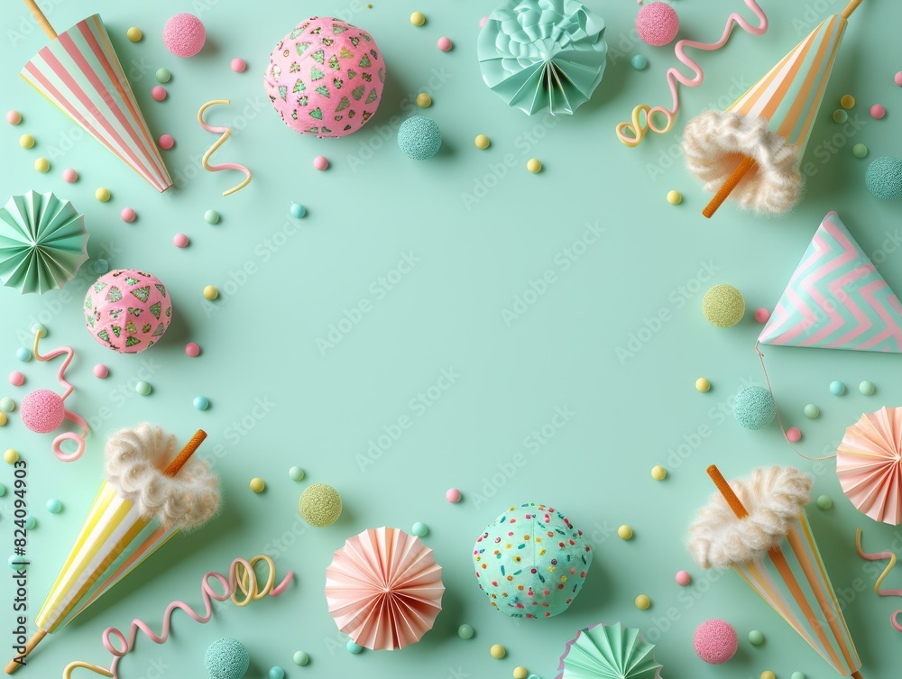 Festive Celebration Background with Colorful Party Hats, Pom-Poms, and Streamers on a Pastel Turquoise Background - Ideal for Invitations and Decor Festive Celebration Background with Colorful Party Hats, Pom-Poms, and Streamers on a Pastel Turquoise Background - Ideal for Invitations and Decor