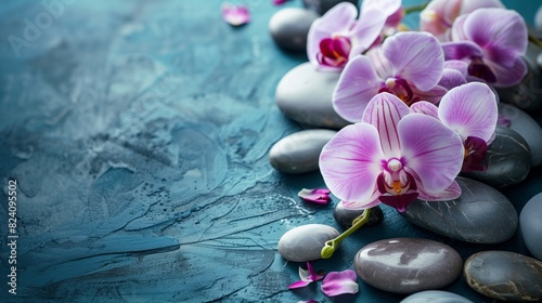 Spa treatment concept. Flowers of orchid and stones. Beautiful background with copy space.