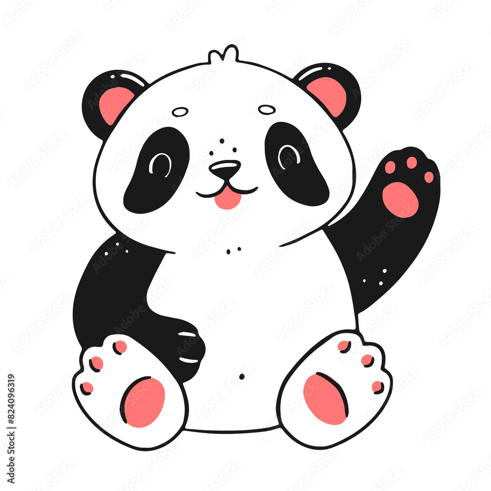 Naklejka premium Cute little panda waves his paw and smiles. The character is a bear in a cartoon doodle style. isolated animal illustration.