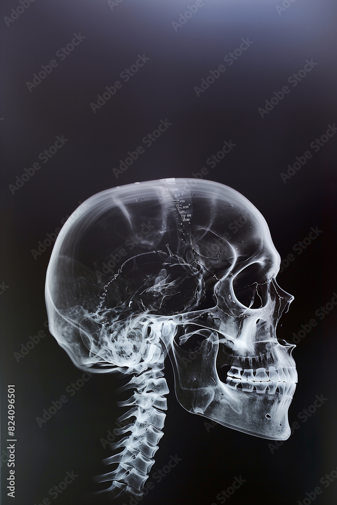Detailed X-Ray Image of Human Skull and Cervical Spine on Black Background, Medical Radiology, Anatomy Study